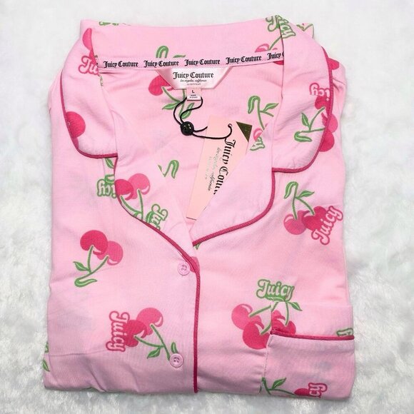 Juicy Couture Pink Cherry Print Pajamas Shorts 2 Piece Sleepwear Set Sizes M, L - Picture 5 of 7
